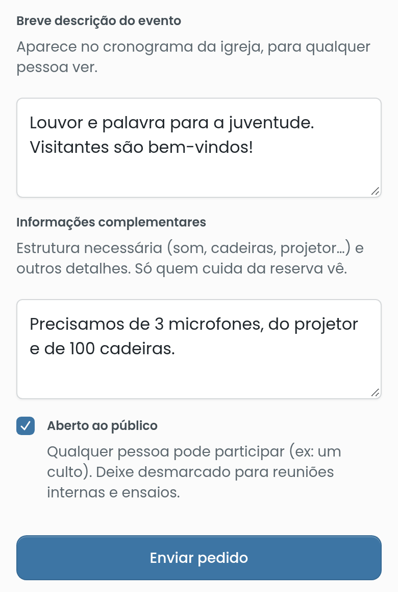 Descrições e envio do pedido