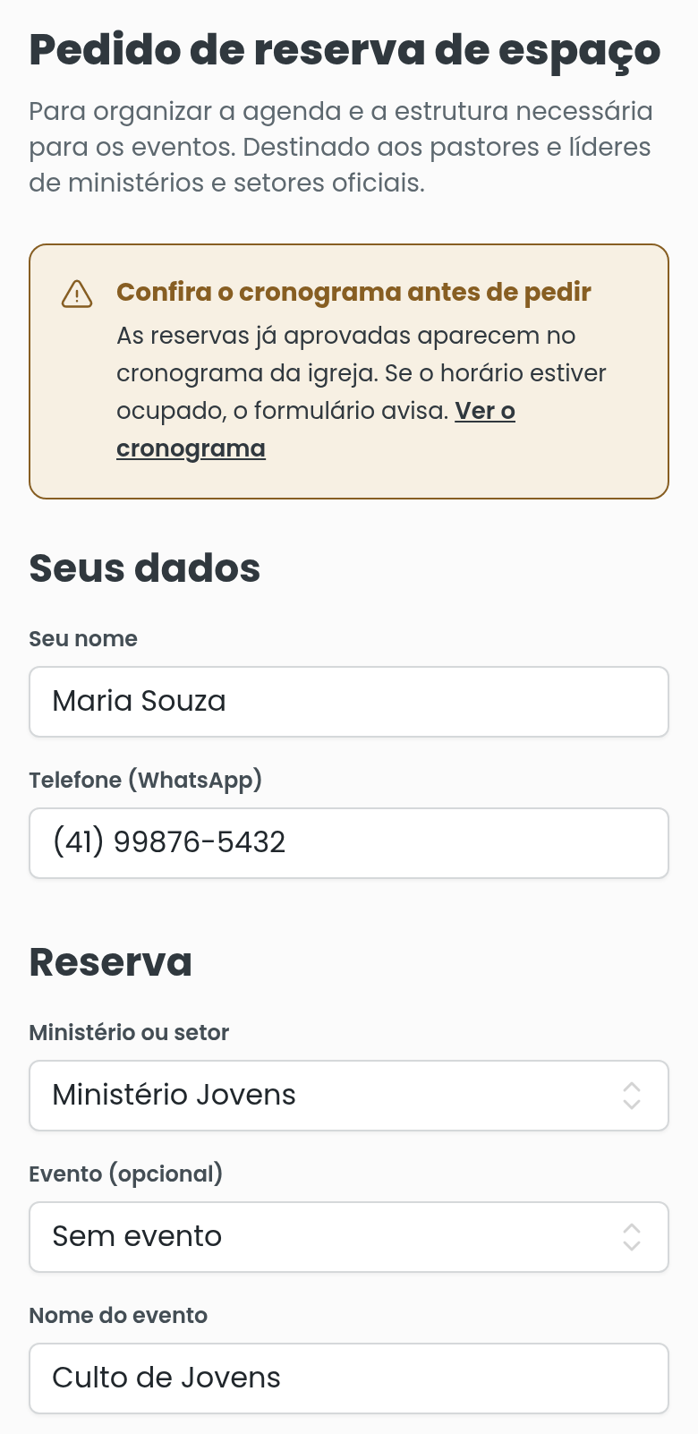 Topo do formulário de reserva