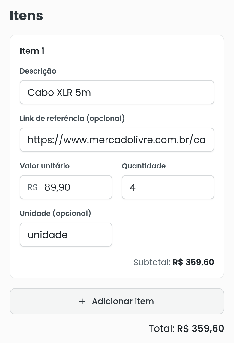 Item preenchido, com subtotal e total